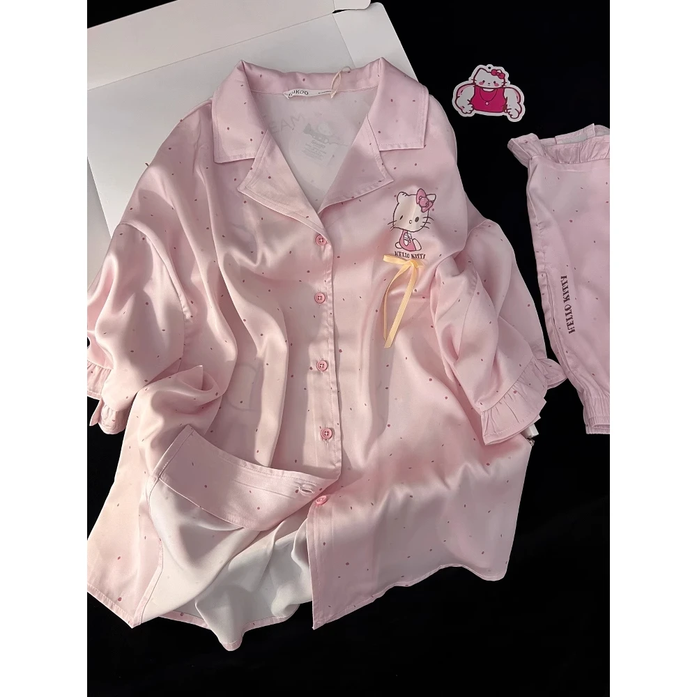 【网红Kitty猫】甜美可爱卡通冰丝睡衣女夏款新款套装可外穿家居服