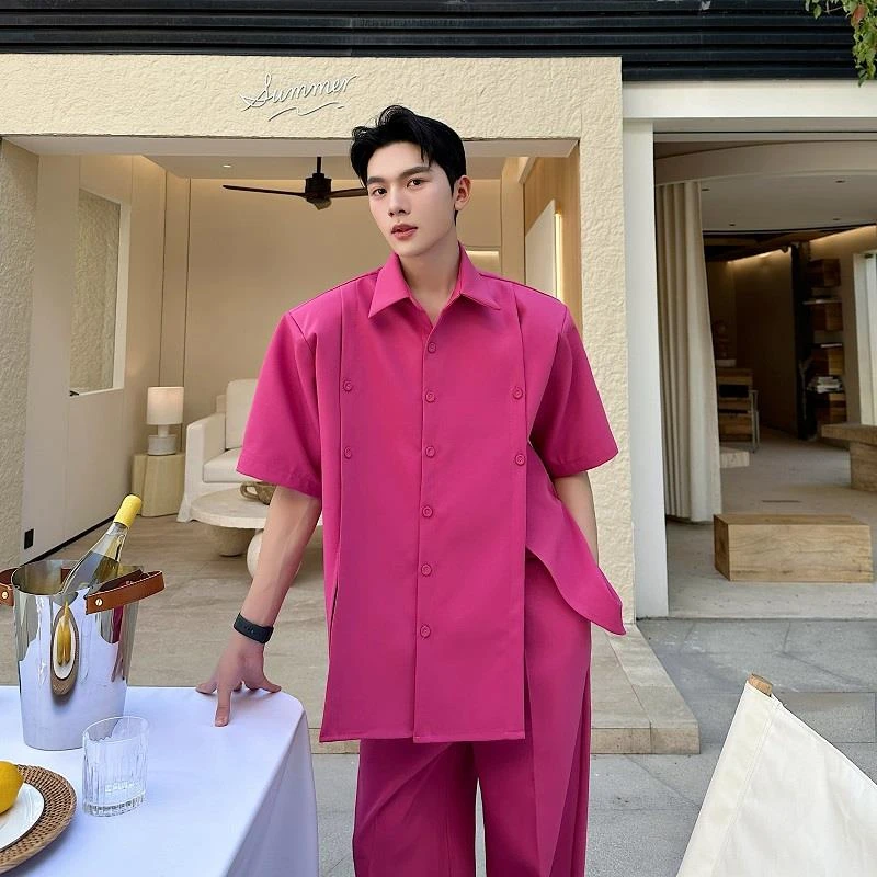 轻奢夏季短袖衬衣直筒长裤套装男酒吧夜店开衩系扣垫肩衬衫两件套