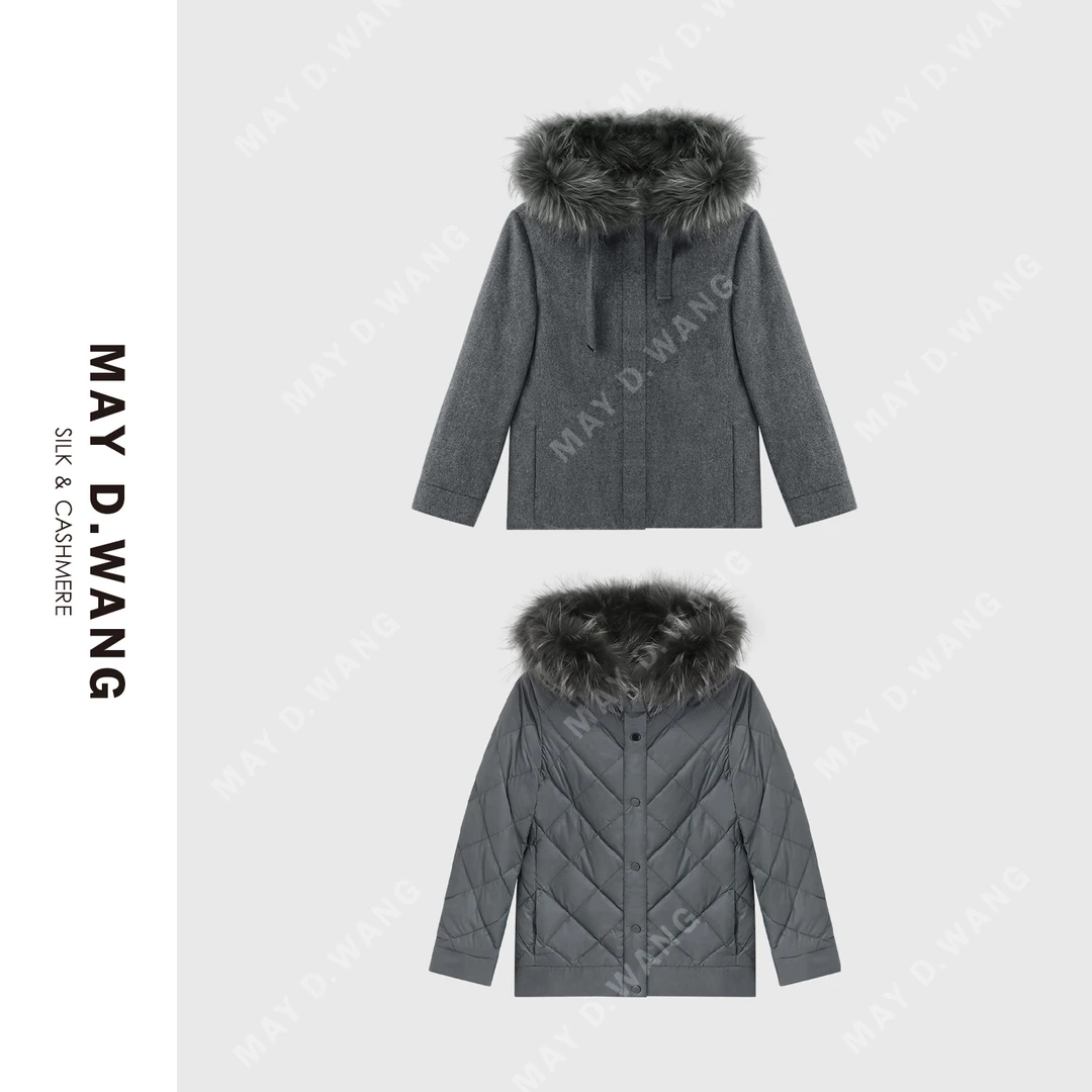 王之造简约两面可穿保暖连帽大毛领丝毛鹅绒服 F5F1003