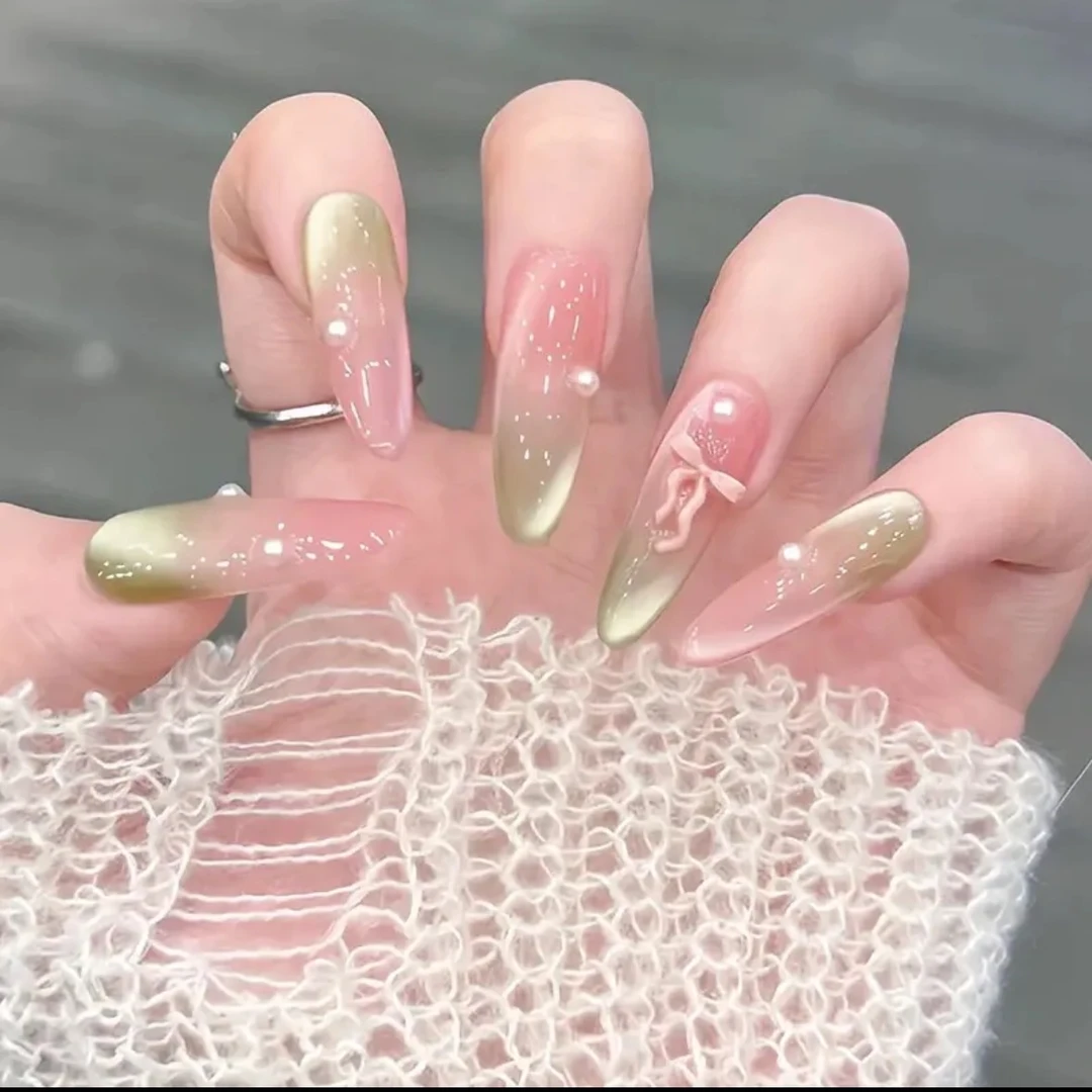 【蜜桃青柠】纯手工穿戴甲渐变夏日纯手作百搭高级显白光疗美甲贴