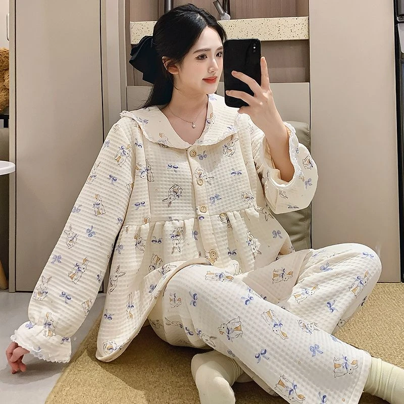中厚款秋冬月子服产后孕妇睡衣哺乳喂奶产妇空气棉家居服套装冬天