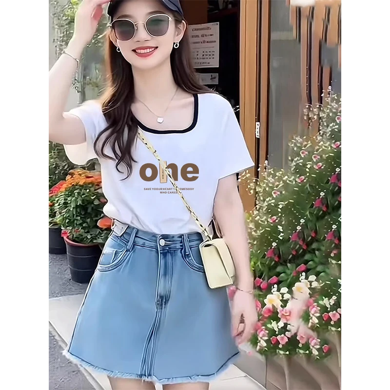 撞色方领上衣夏季2025新款独特别致设计感小众短袖正肩t恤女显瘦