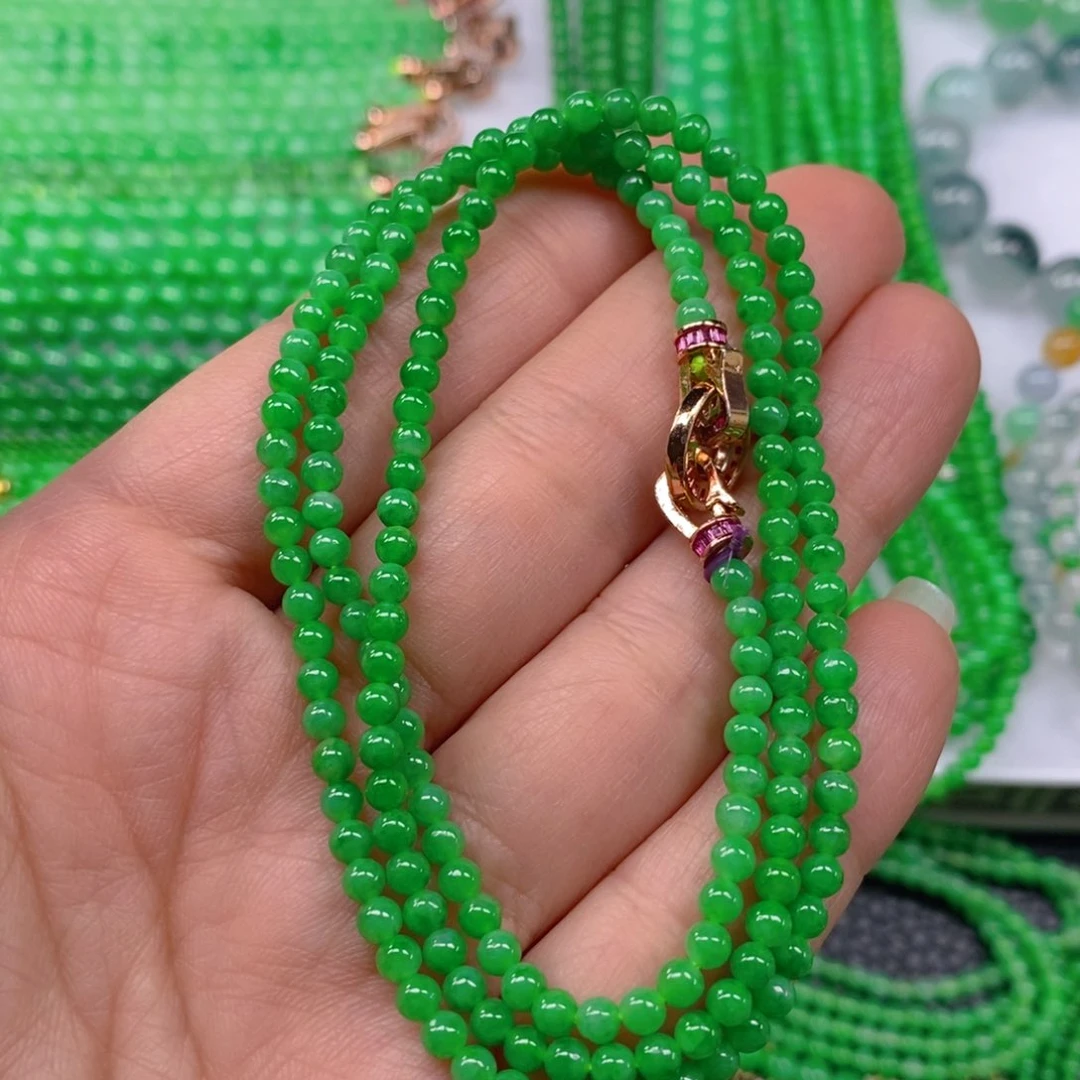 翡翠颈饰未镶嵌冰种阳绿小米珠项链3.6m' m