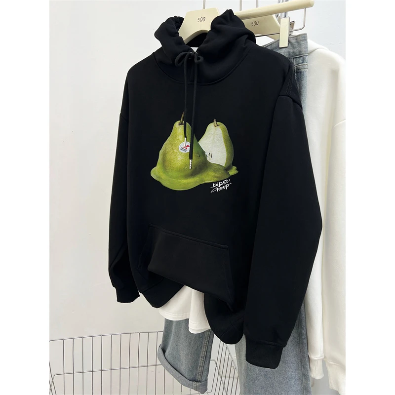鸭梨印花连帽卫衣女秋冬2025年新款爆款美式街头风百搭大码上衣潮