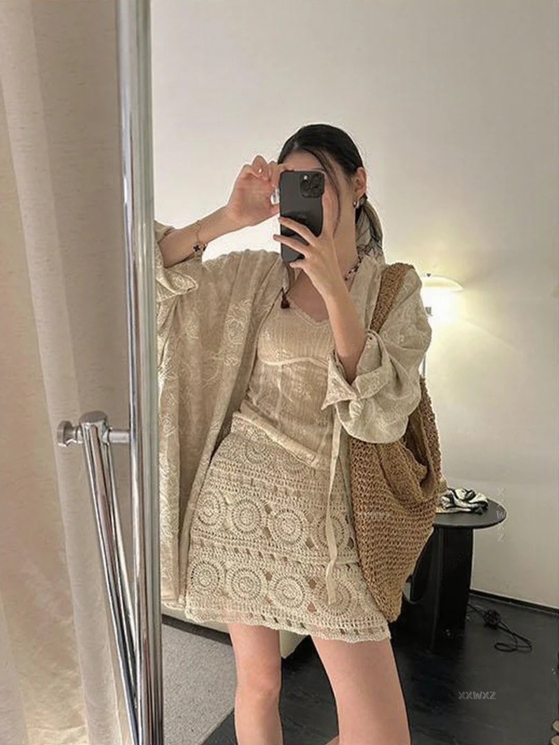 韩系慵懒镂空一整套女2025秋季新款提花长袖衬衫+编织高腰A字短裙
