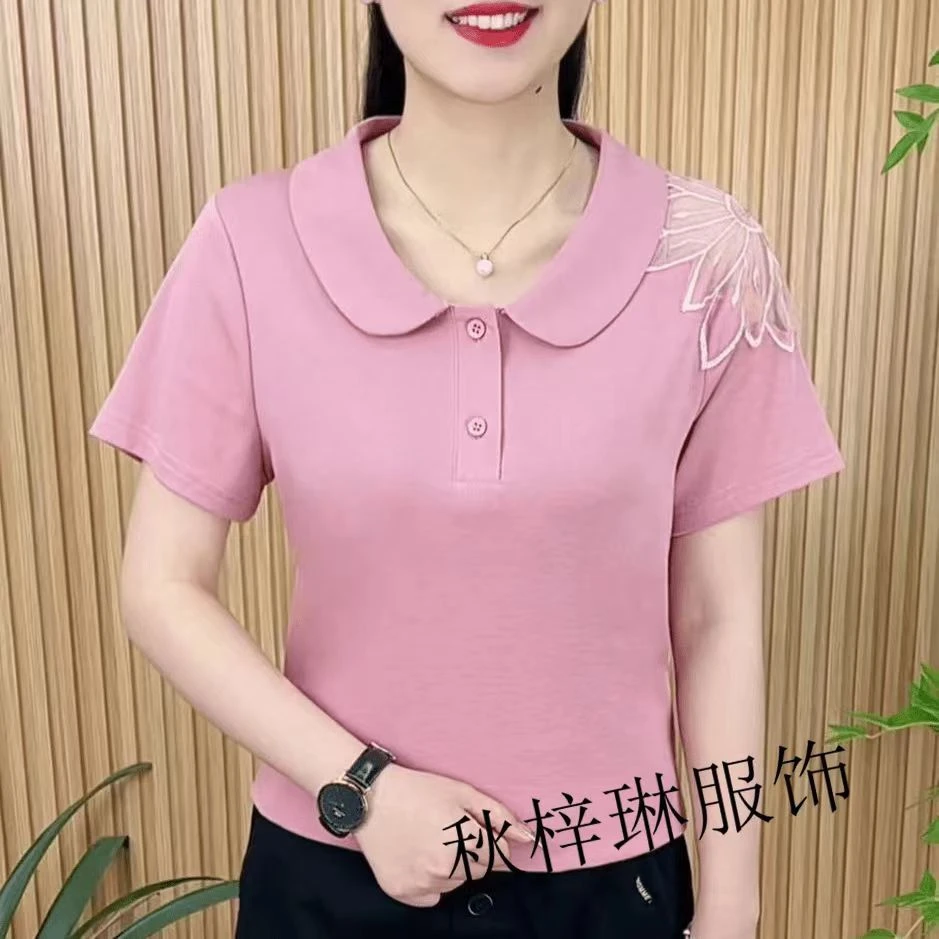 2024夏季新款时尚宽松显瘦娃娃领短袖t恤女小衫女士百搭减龄上衣