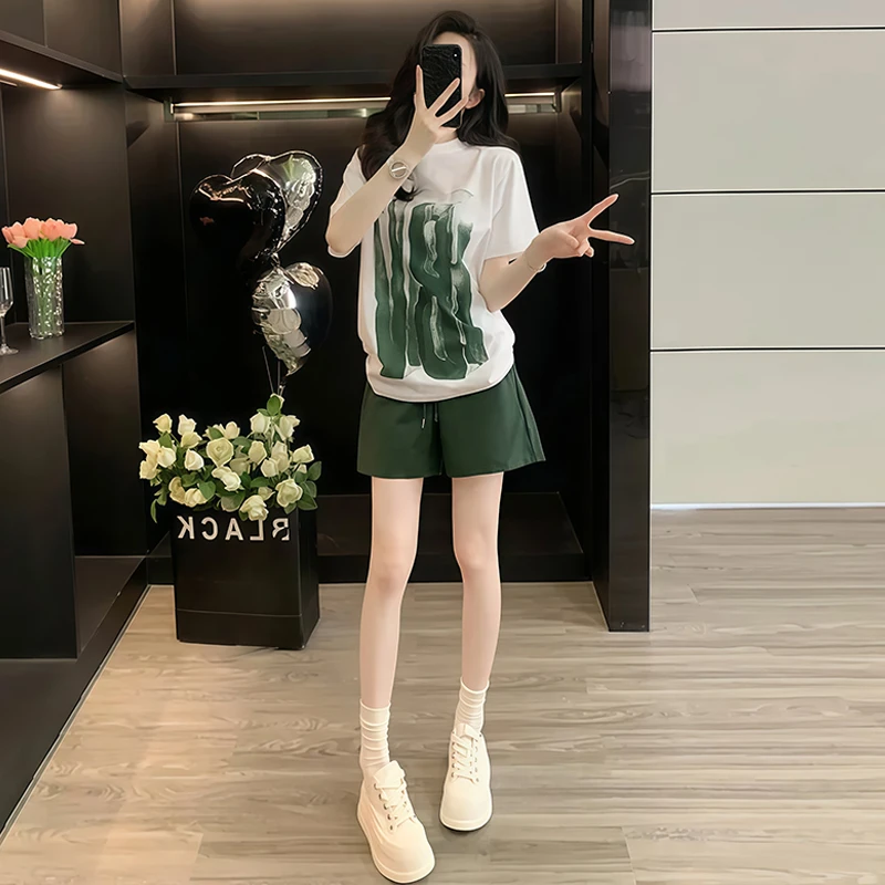 高含棉休闲洋气套装女2025年夏季新款显瘦印花短袖宽松短裤两件套