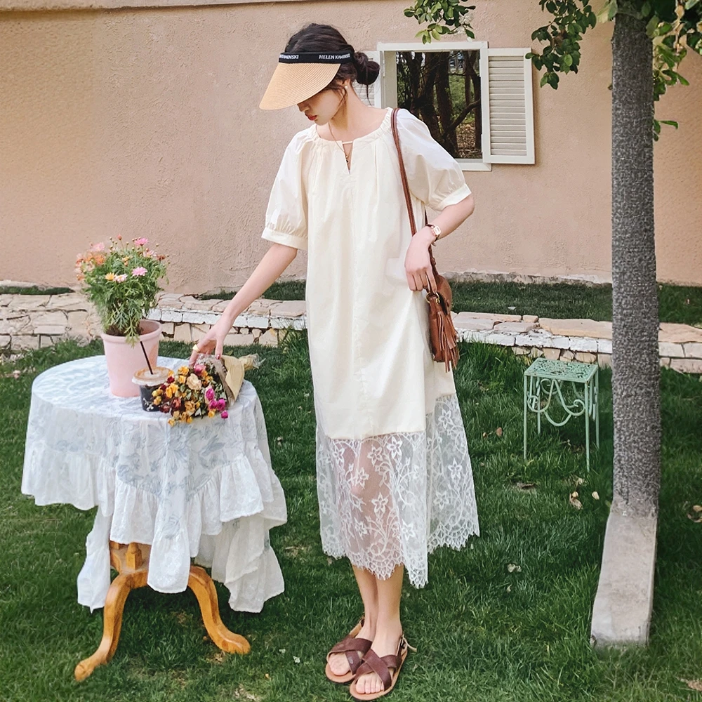 超好看蕾丝拼接连衣裙女2025夏季新款韩版宽松时尚高级感过膝裙子