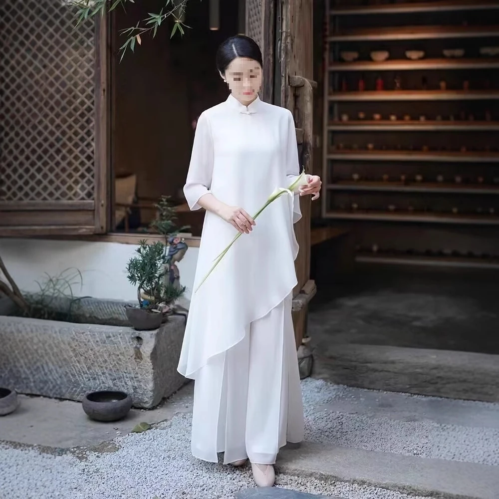 飘逸禅意茶服仙气佛系女装中式中国风新中式白色居士打坐套装欧美