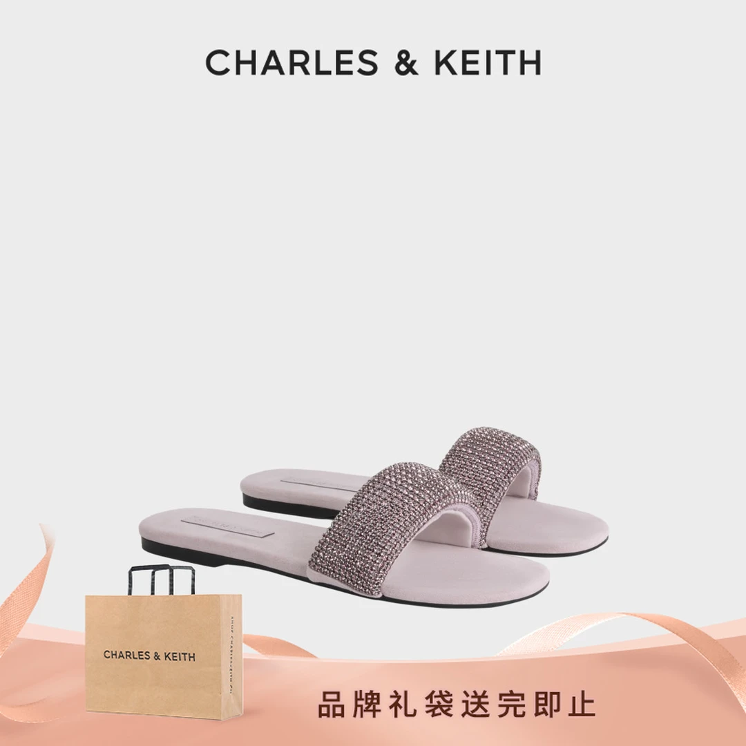CHARLES & KEITH25秋新品圆头平底钻饰一字拖鞋 CK1-70381127-1