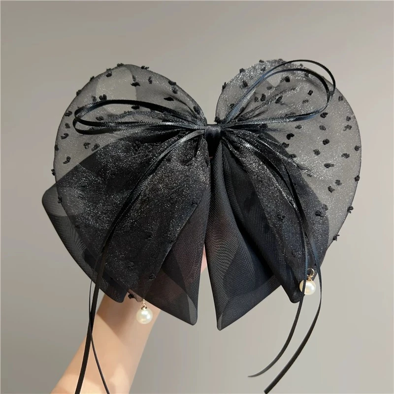 新款高级感网纱波点蝴蝶结马尾抓夹女气质百搭半扎发夹头饰4334