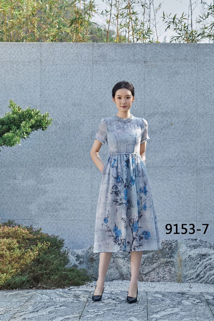 G9153-7夏季新款修身显瘦中长袖时尚长款长复古收腰连衣裙