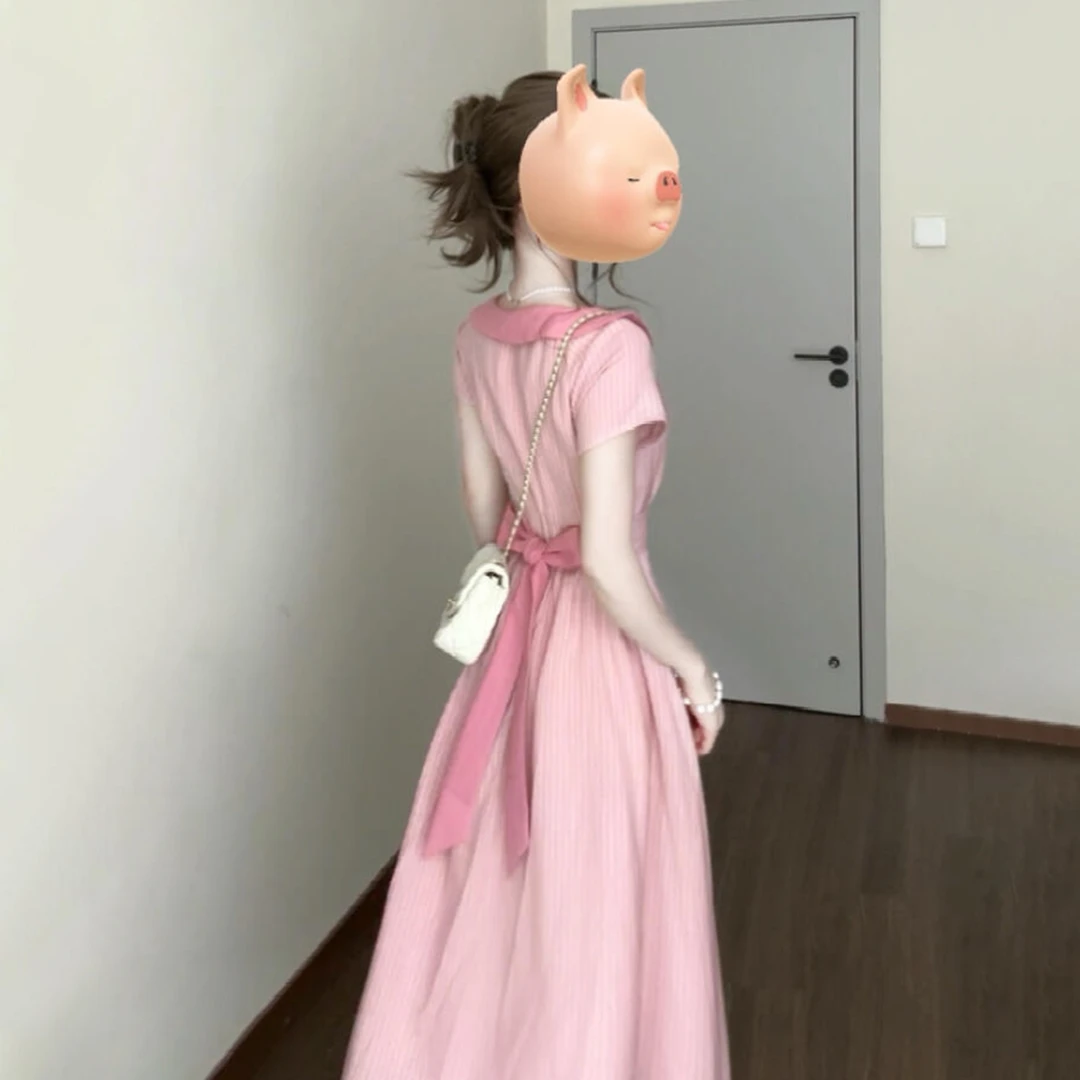 法式温柔风粉色条纹连衣裙子女夏季2025新款爆款独特漂亮绝美长裙