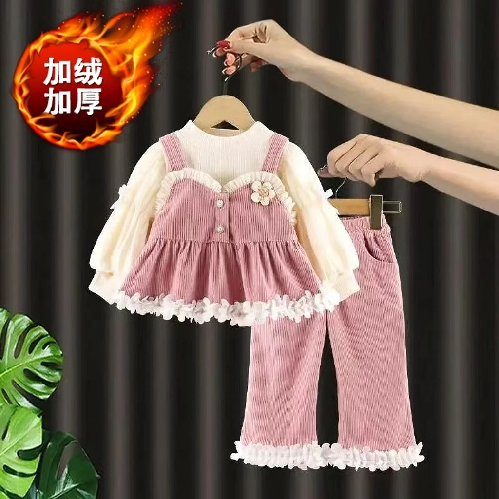 女童冬季加厚加绒新款套装2024儿童吊带马甲女孩洋气三件套宝生日