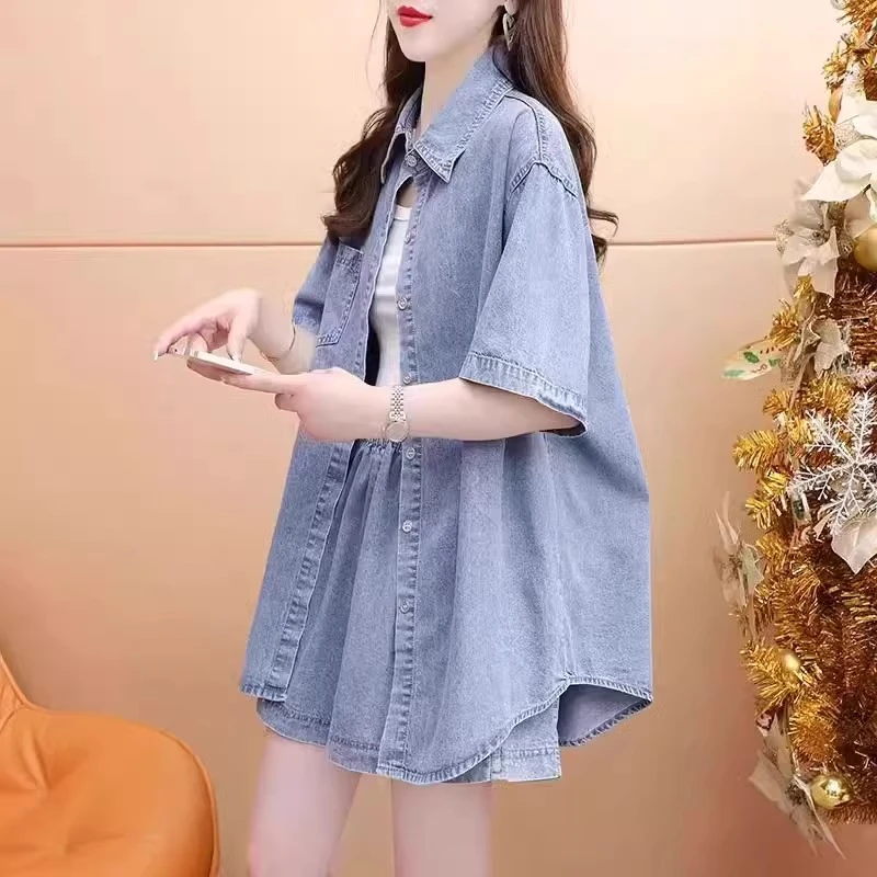 牛仔衬衫短裤运动套装女夏季2025新款时尚洋气宽松大码休闲两件套