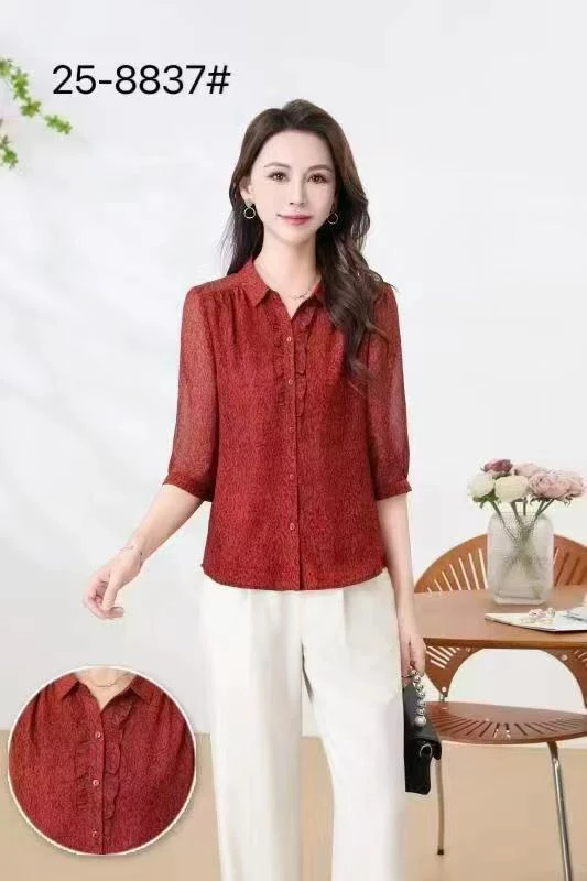 2025年57款依菲雅七分袖宽松雪纺衬衫翻领短款妈妈装