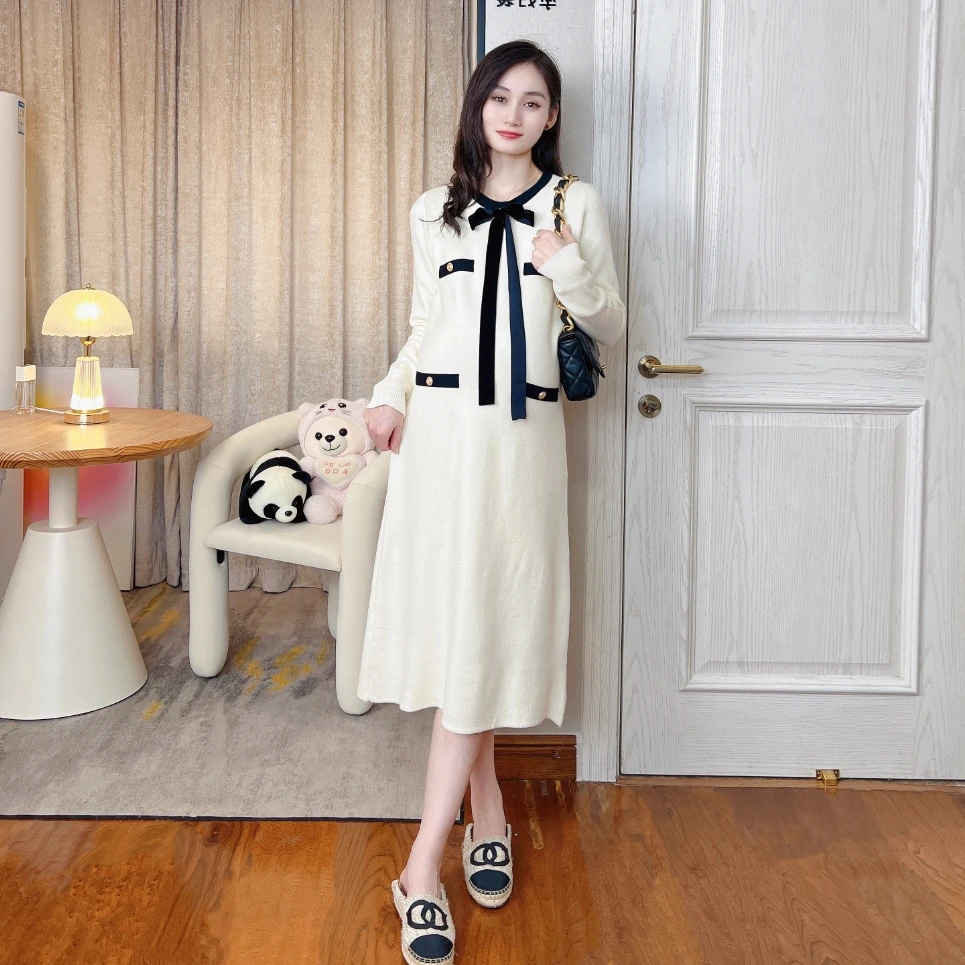 Ann&tens【小甜酒】春秋款精致小香风孕妇连衣裙蝴蝶结针织大码裙