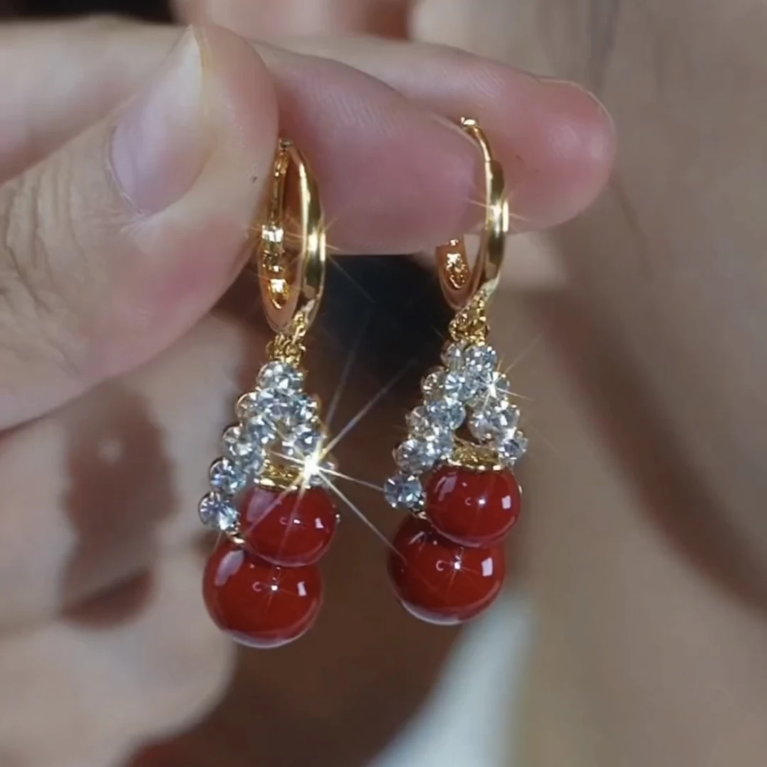 铜合金合成锆石耳饰 【】时尚精致红色仿珍珠流苏耳环