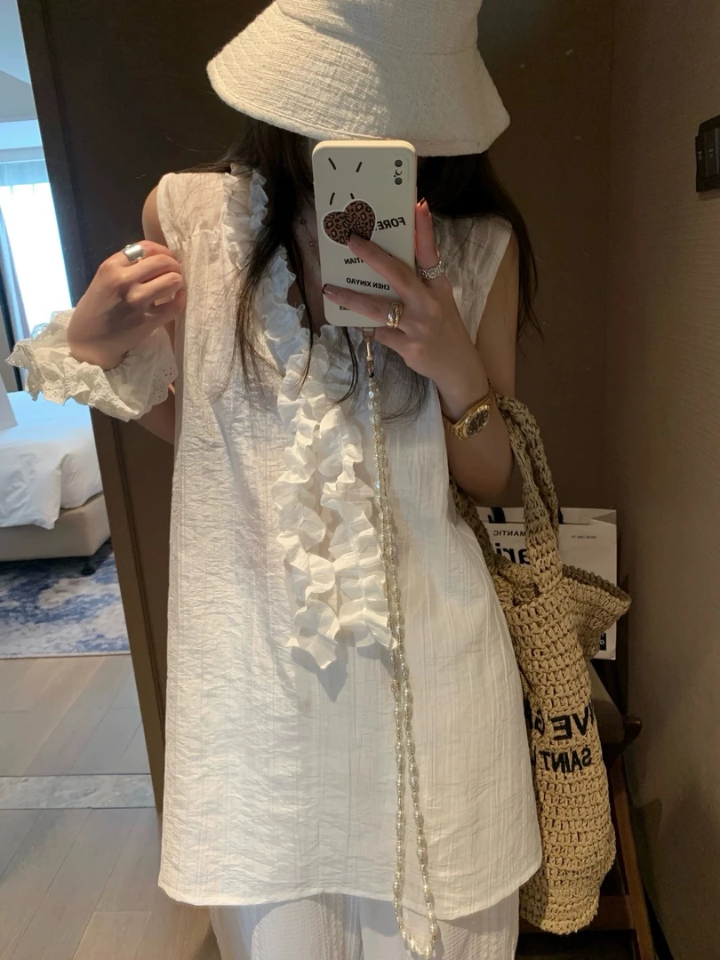 超舒适花边领无袖天丝夏日背心2025新品法式轻盈飘逸衬衫式上衣女