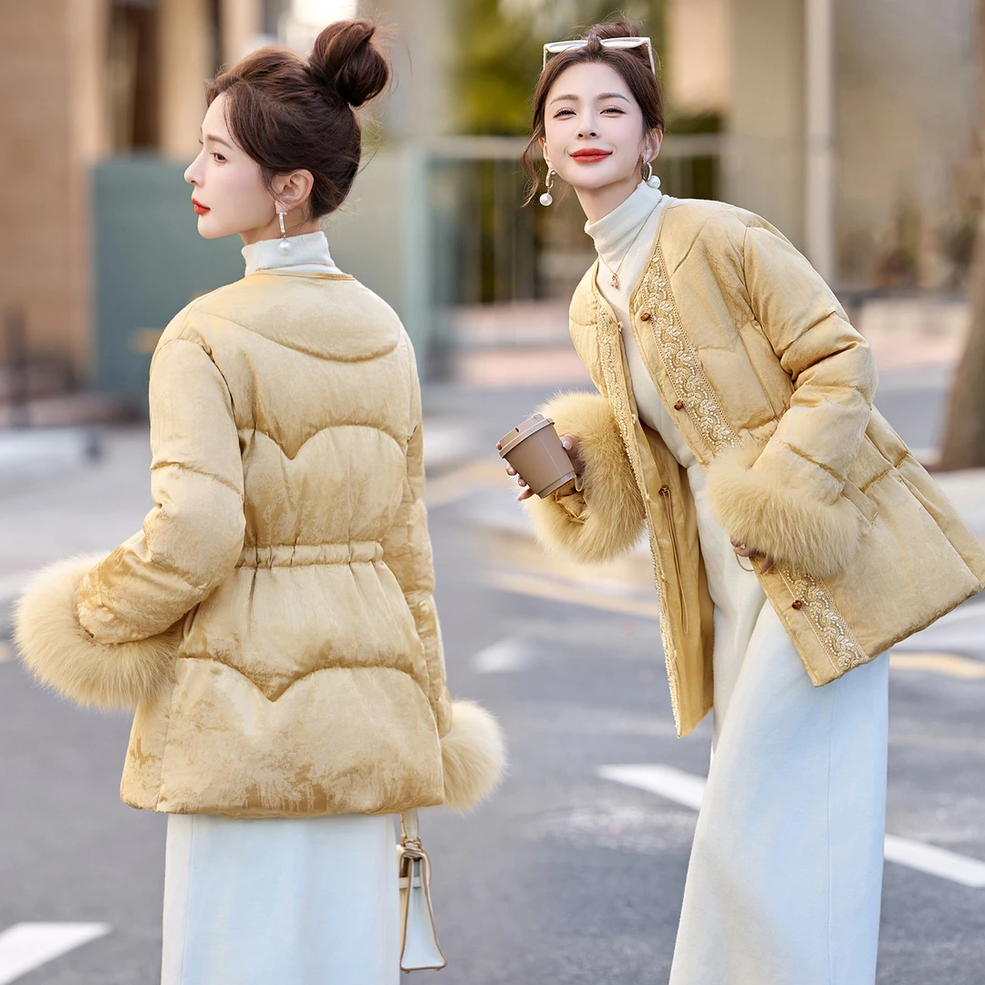 新中式刺绣提花保暖中长款狐狸毛女装冬装时尚百搭宽松加厚羽绒服