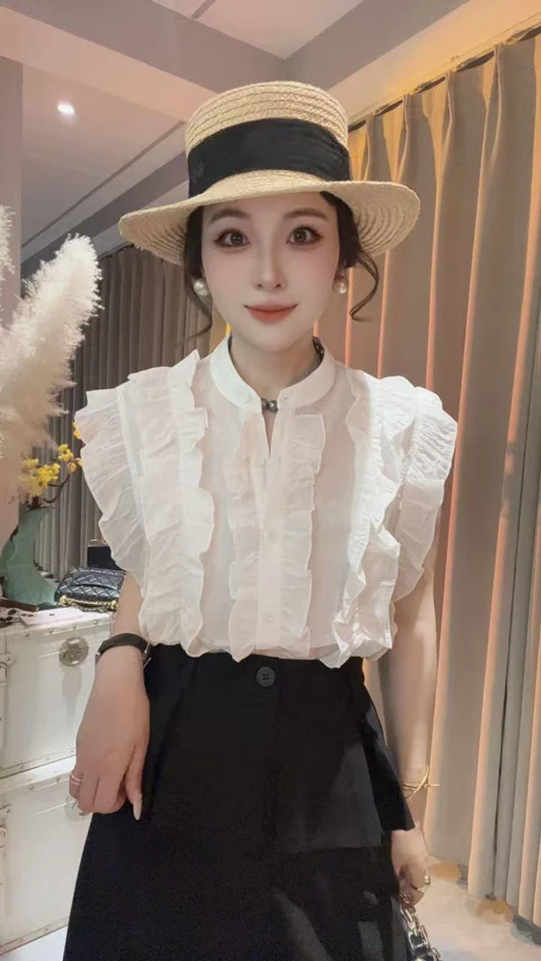 HUIHUI 法式木耳边无袖花边衬衫·