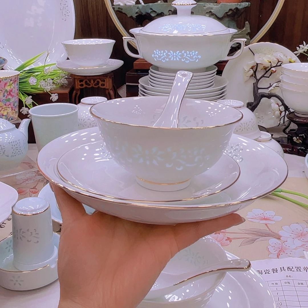 瓷景德镇玲珑瓷白色套装