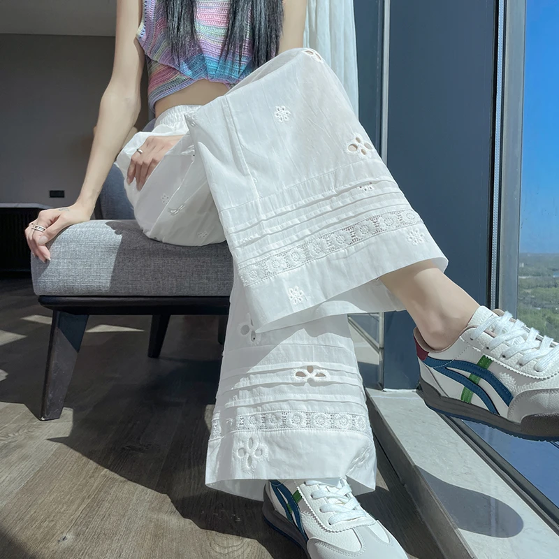 镂空刺绣阔腿裤女夏季2025新薄款白色百搭高腰宽松休闲显瘦直筒裤