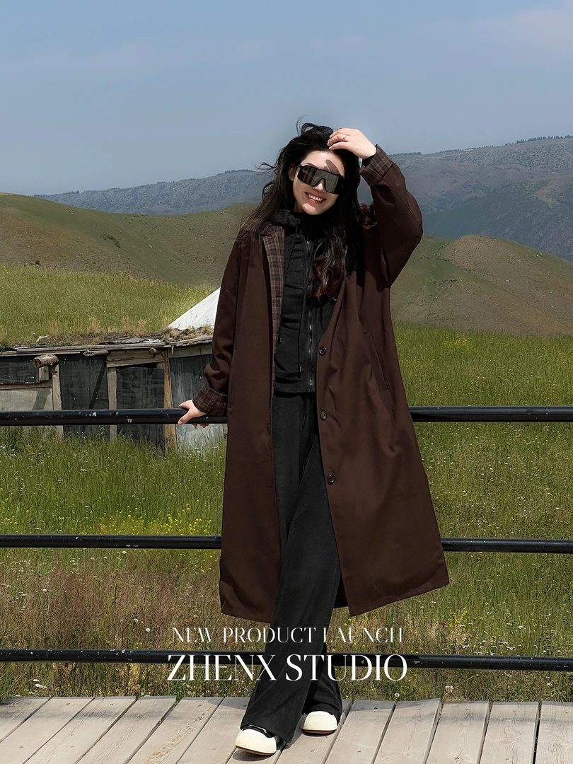 ZHENXI【英伦两穿风衣】高个子穿搭秋季长款翻领韩系风衣25QDFZ0011