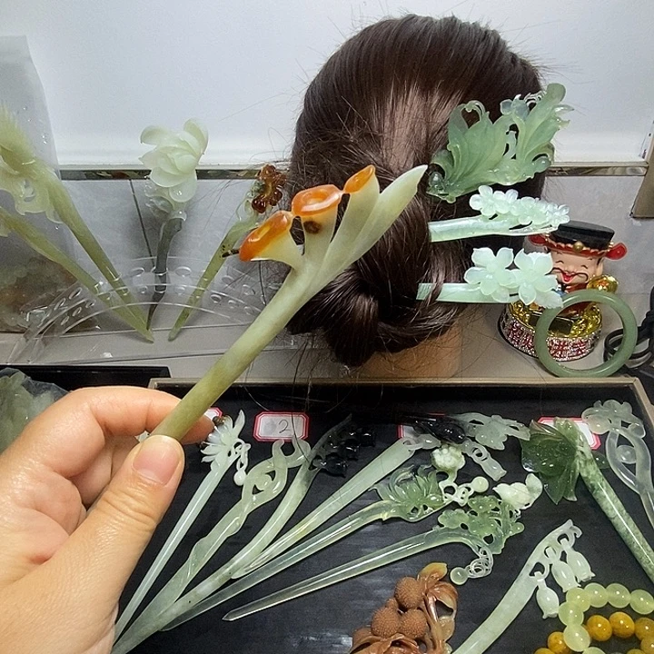 岫玉未镶嵌岫玉发簪牵牛花
