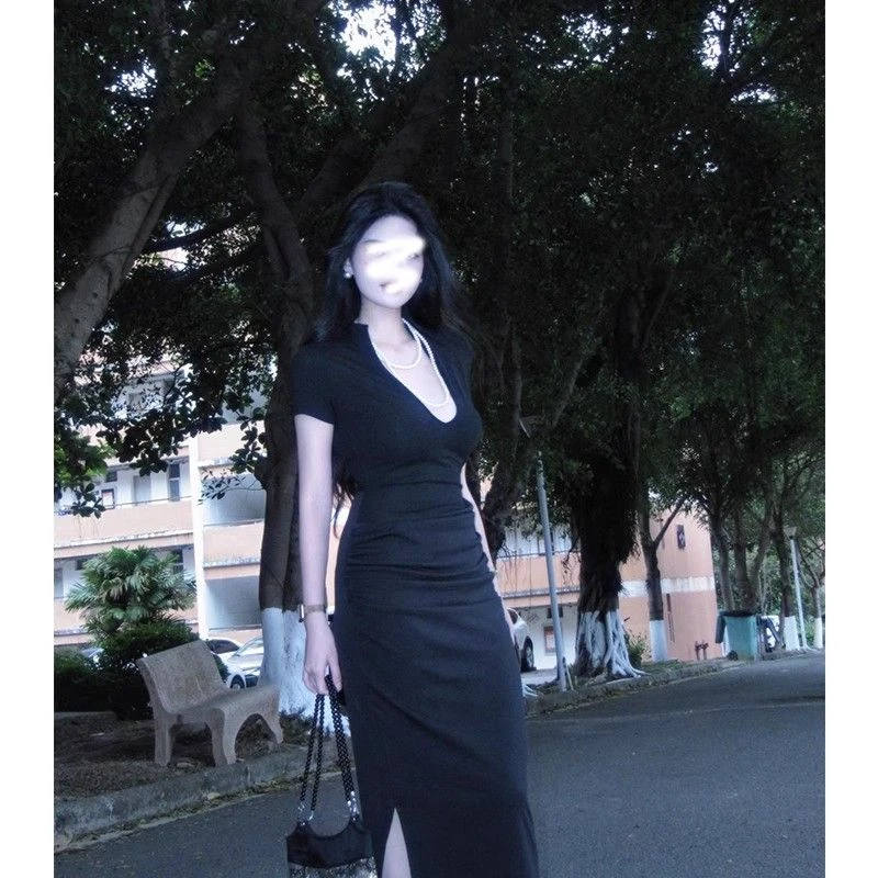 气质辣妹纯欲褶皱领连衣裙女夏季黑色修身礼服裙收腰开叉长裙子