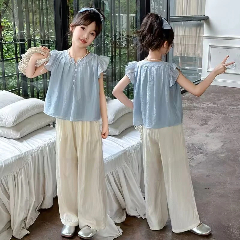 （现货）女童夏季飞袖娃娃衫休闲裤套装2025新款女大童韩版阔腿裤