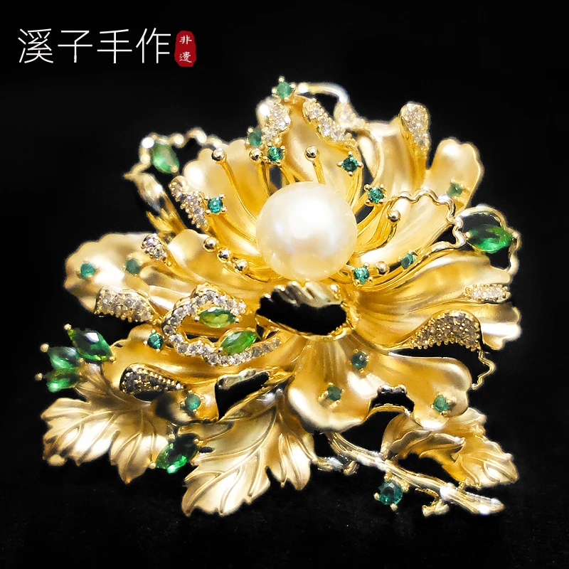 铜锆石胸针 「盛世牡丹」高端国风奢华大气花朵胸花女別针大衣配饰