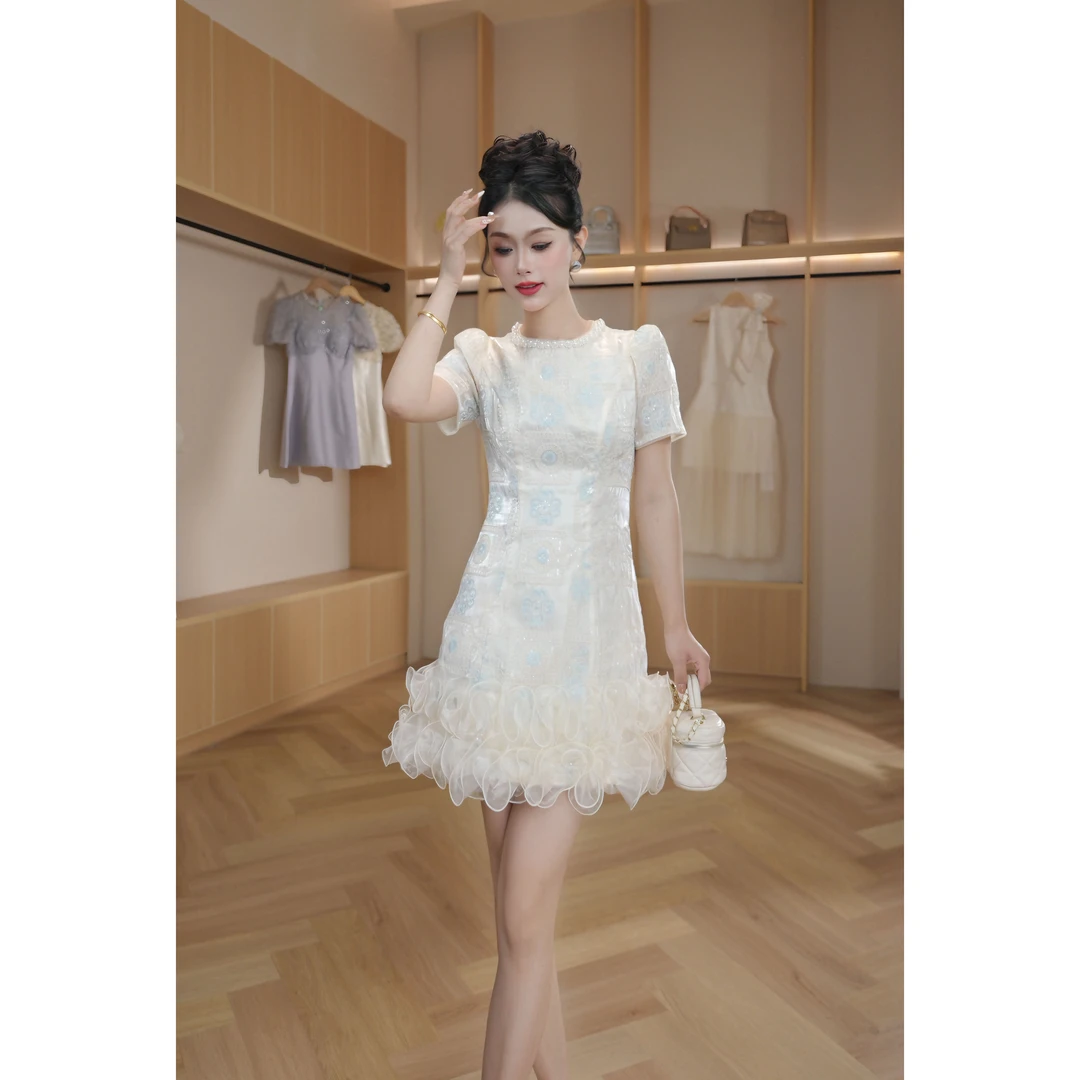 【设计师定制】新款时尚修身花苞气质碎花连衣裙45233