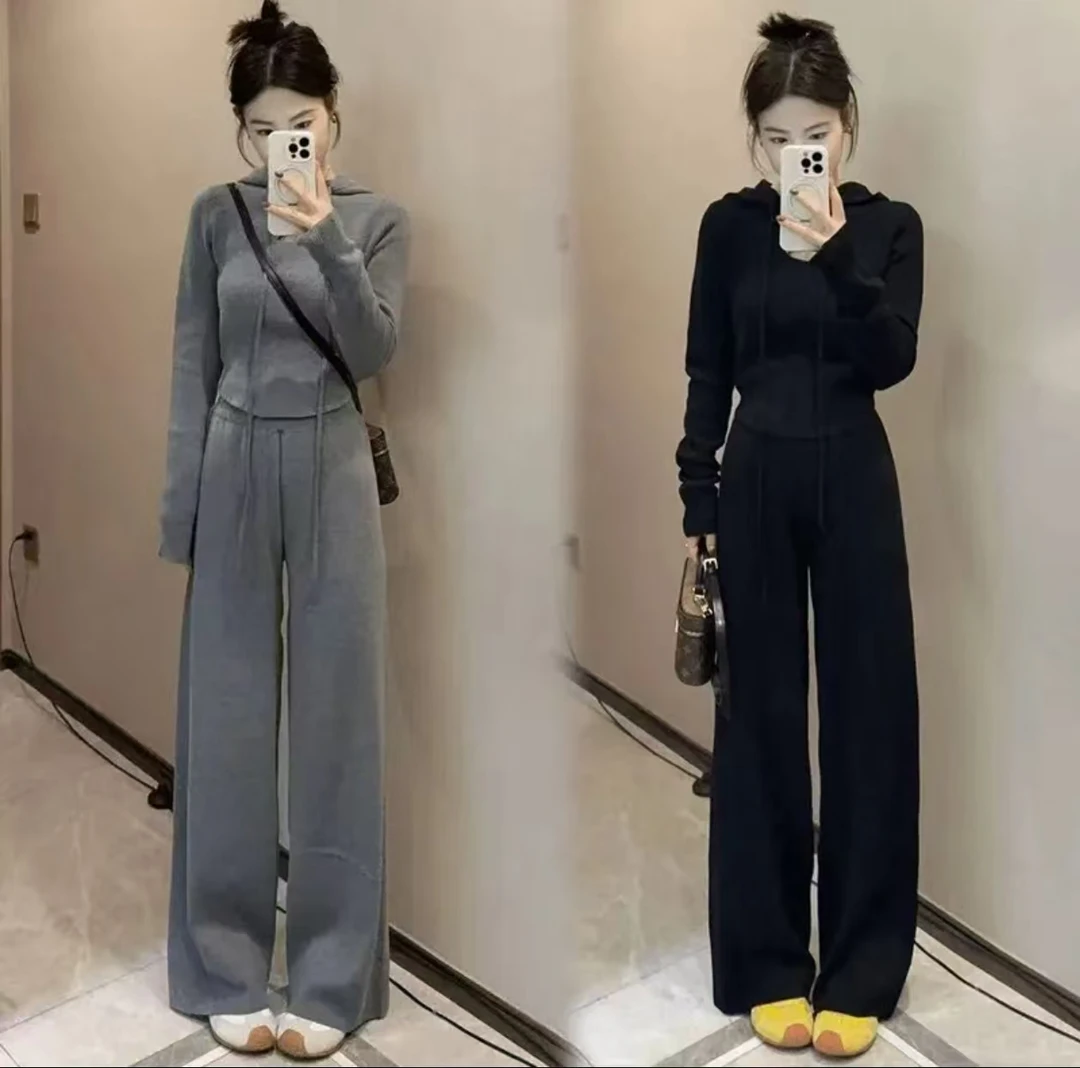 K330连帽针织卫衣女秋季2025新百搭时尚短款卫衣长裤套装