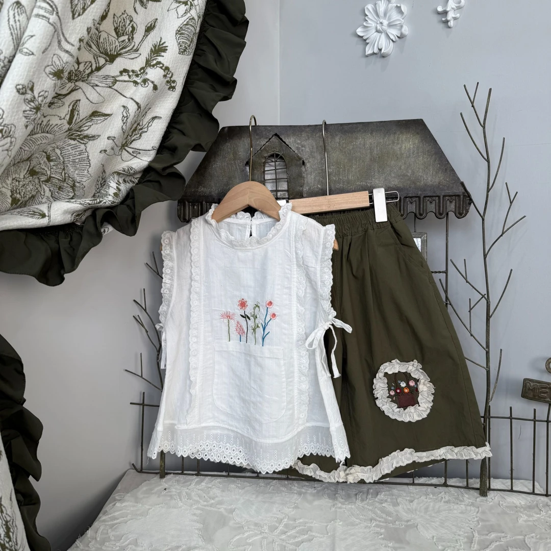 {花屿姑娘}25年设计师新款女童韩版女中大童森法系刺绣甜美系套装