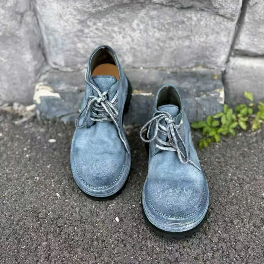 力SF 2025原创新款纯手工复古系天空蓝圆头百搭系带马皮鞋男女款