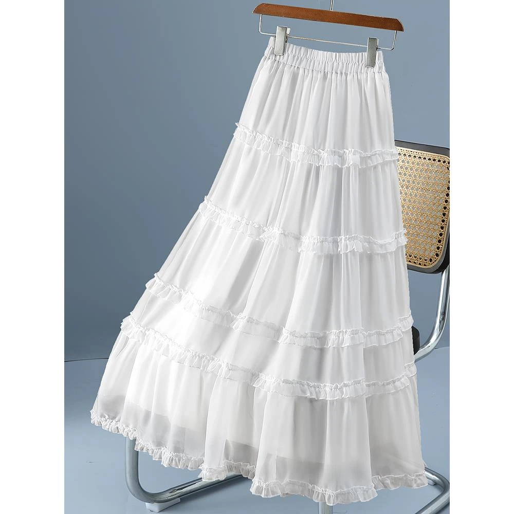 白色网纱感荷叶边高腰半身裙女2025春夏新款小众设计感蛋糕长裙子