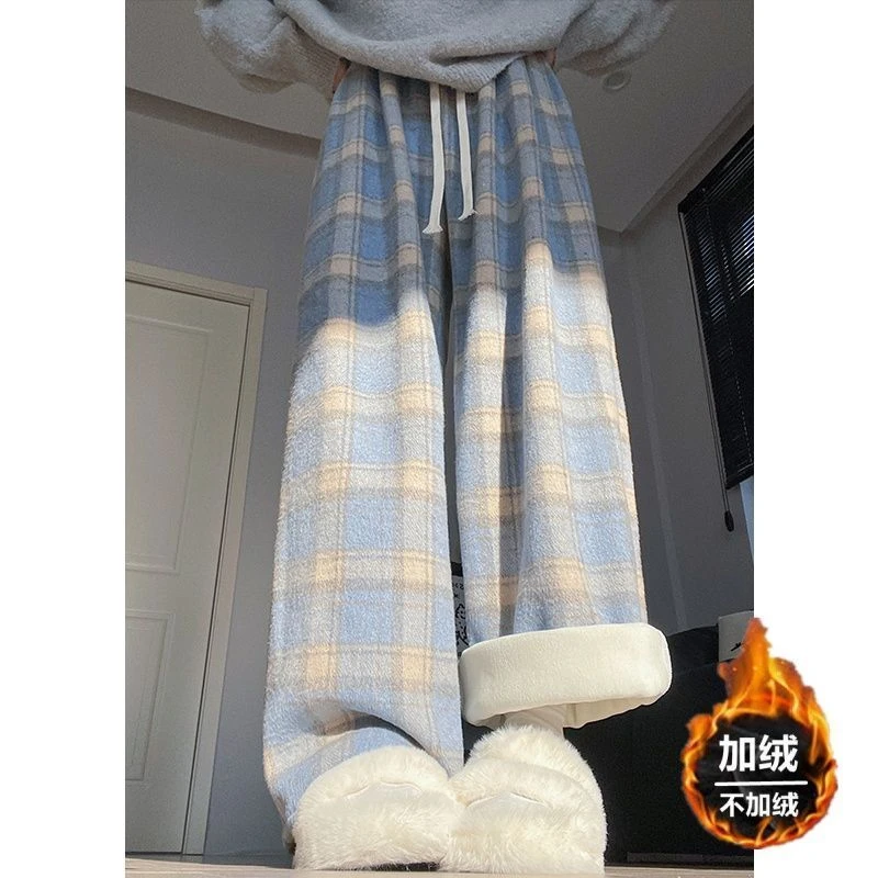 大码80-300斤蓝色加绒裤子女秋冬款格子裤胖mm宽松毛呢休闲阔腿裤