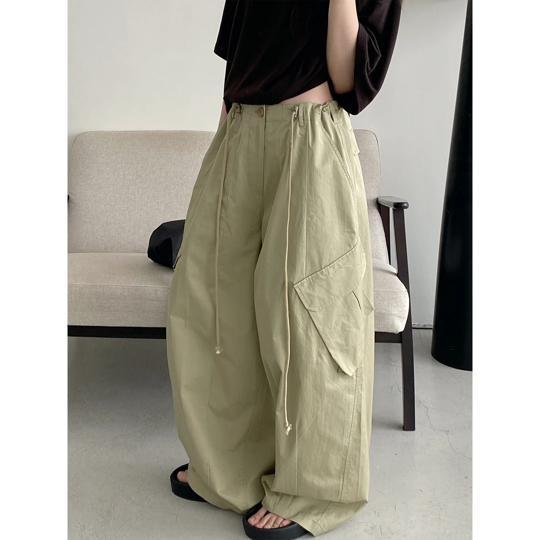 超酷降落伞兵工装裤重工斜口袋抽绳宽松长裤女夏高腰