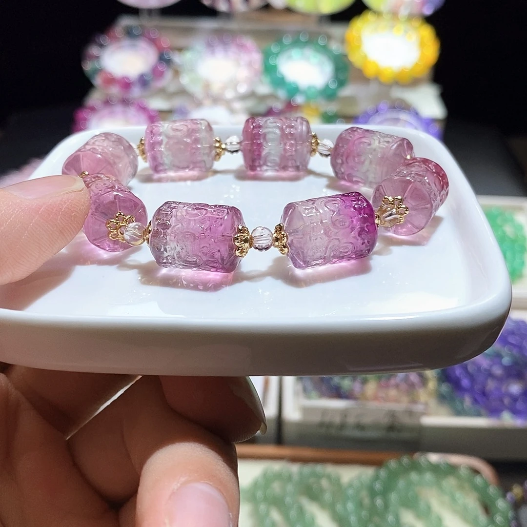 萤石手链未镶嵌紫粉桶珠14mm