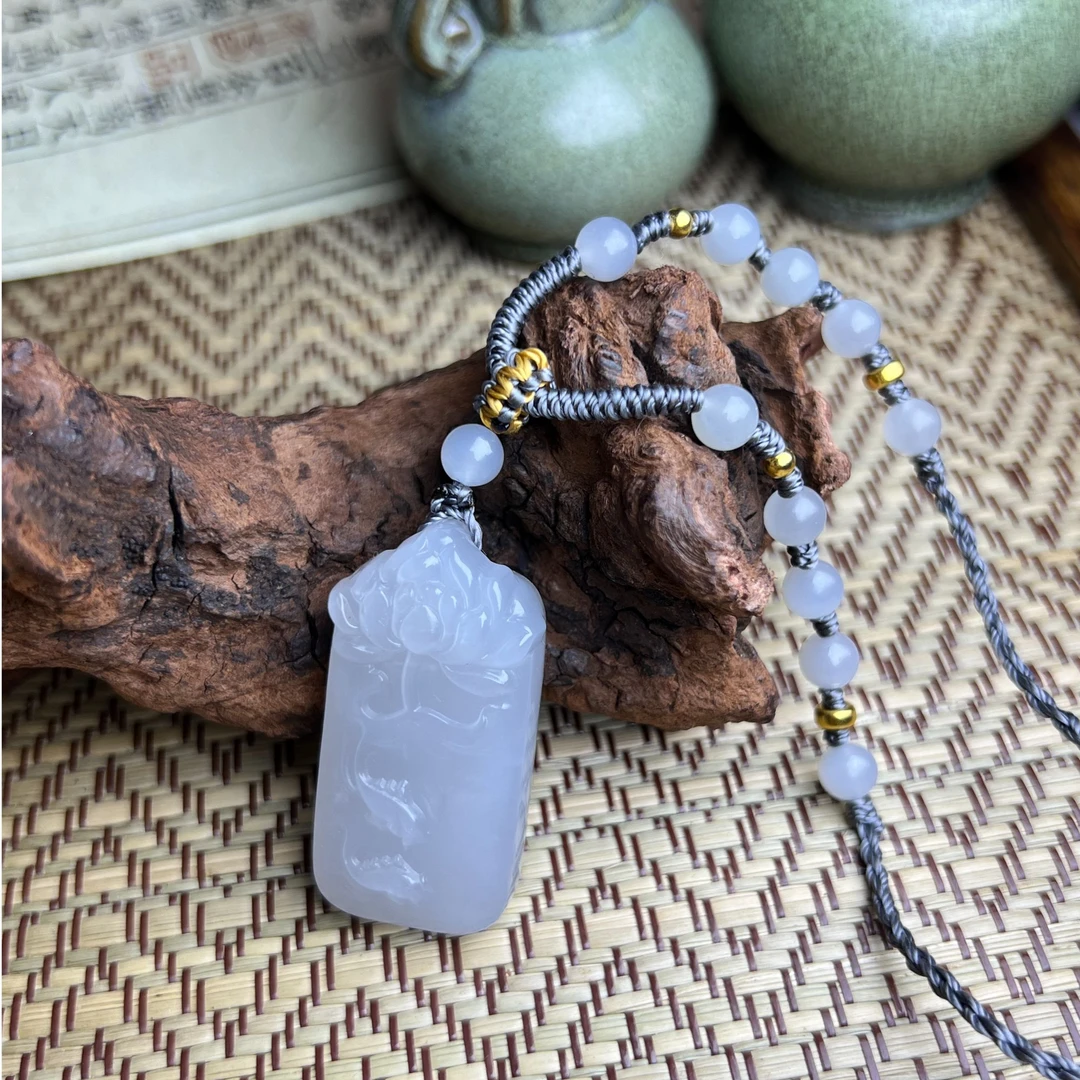 莲年有余 和田玉冰烟紫吊坠项链手作