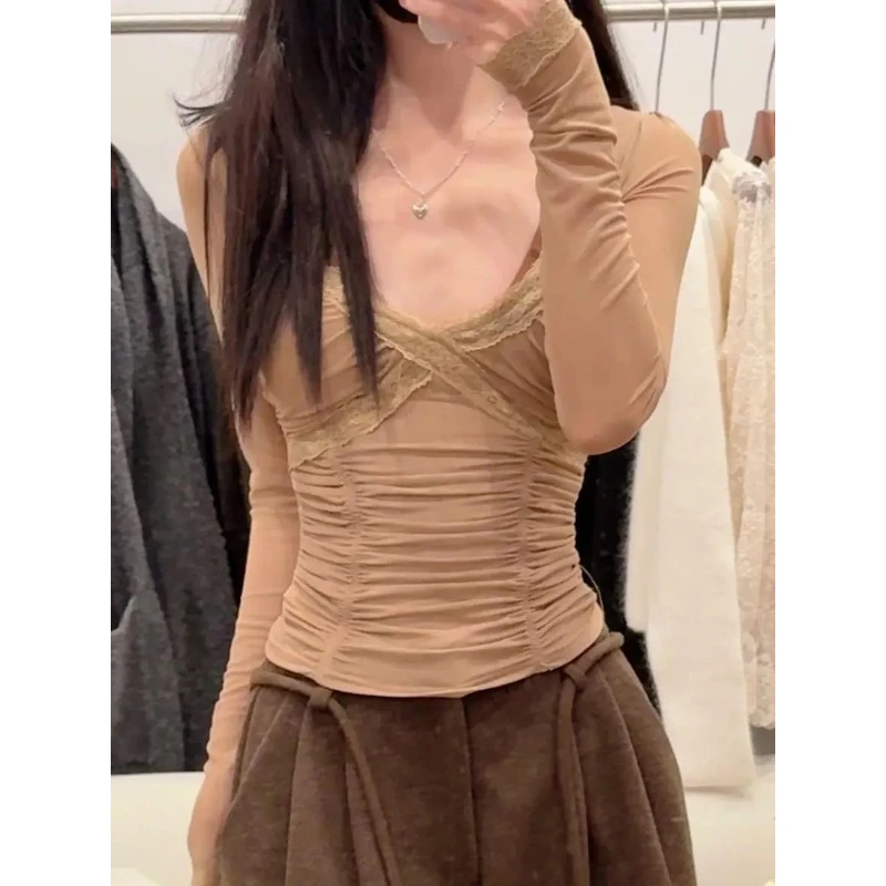 法式褶皱设计感蕾丝拼接长袖打底衫女春秋新款纯欲风修身收腰上衣