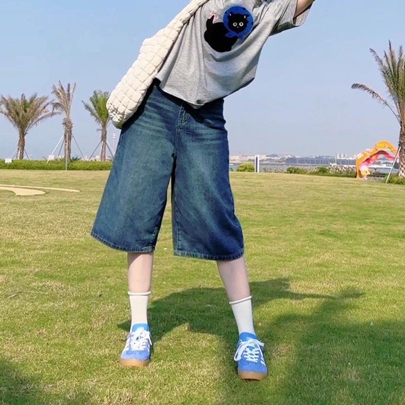 阔腿七分牛仔裤女2025夏季薄款新款高腰显瘦宽松百搭五分中裤子