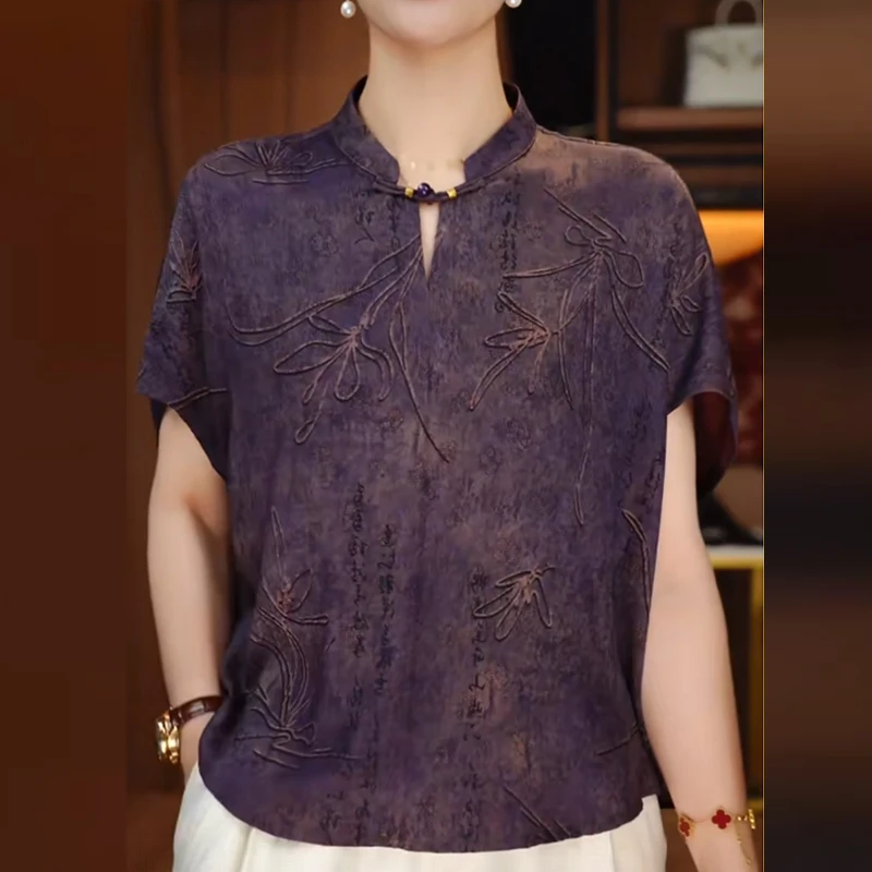 网红显瘦立领复古显瘦遮肚T恤重磅中国风短袖高贵遮肚显瘦上衣女
