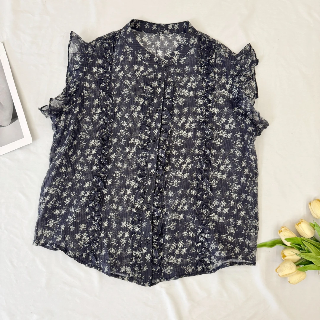 【叶子服饰】夏季新款碎花百搭薄纱透气无袖花边衬衫8952