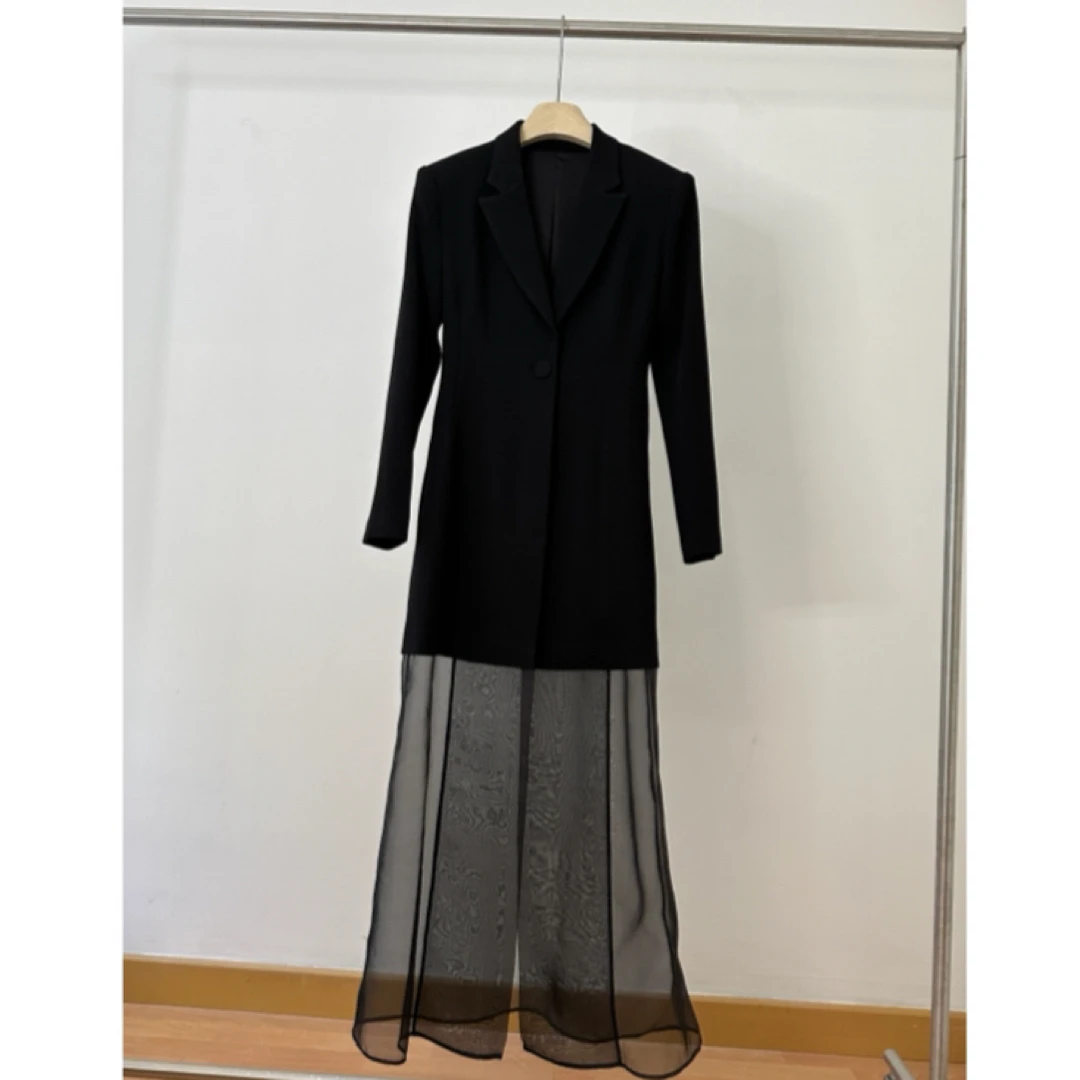 早秋新款醋酸拼接轻奢西装长袖气质女士中长款秋冬秋季黑色外套裙