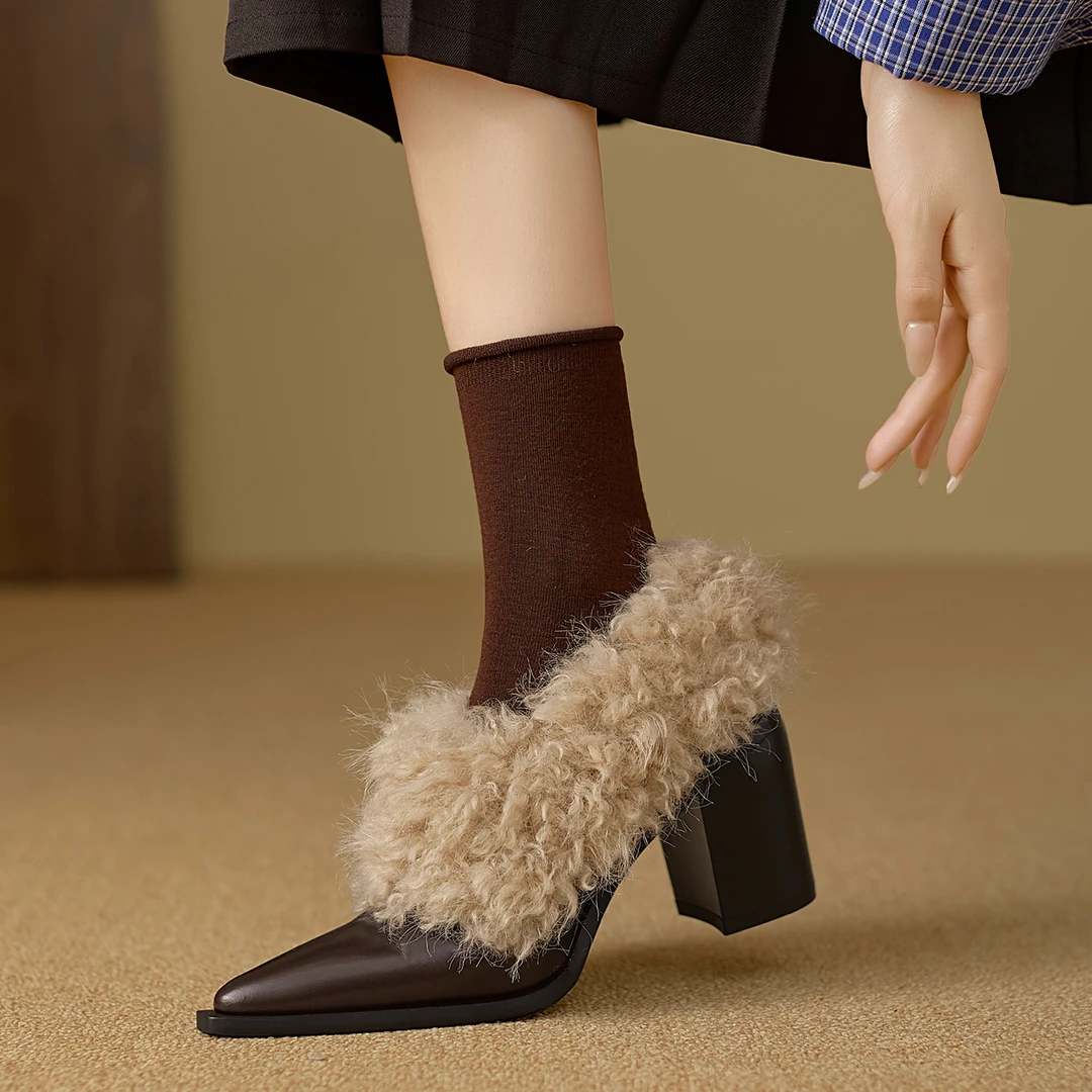 小个子手工女鞋6/8cm~阔腿裤必备鞋一脚蹬尖头粗跟加绒单鞋高跟鞋