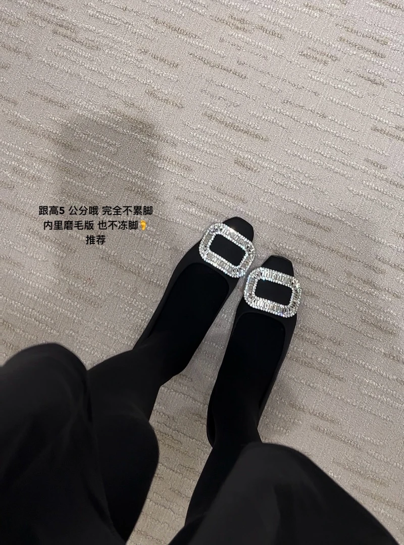 PP【巴黎晚宴】丝绸缎绒面水钻方扣浅口中跟方头单鞋#PP0084XZ
