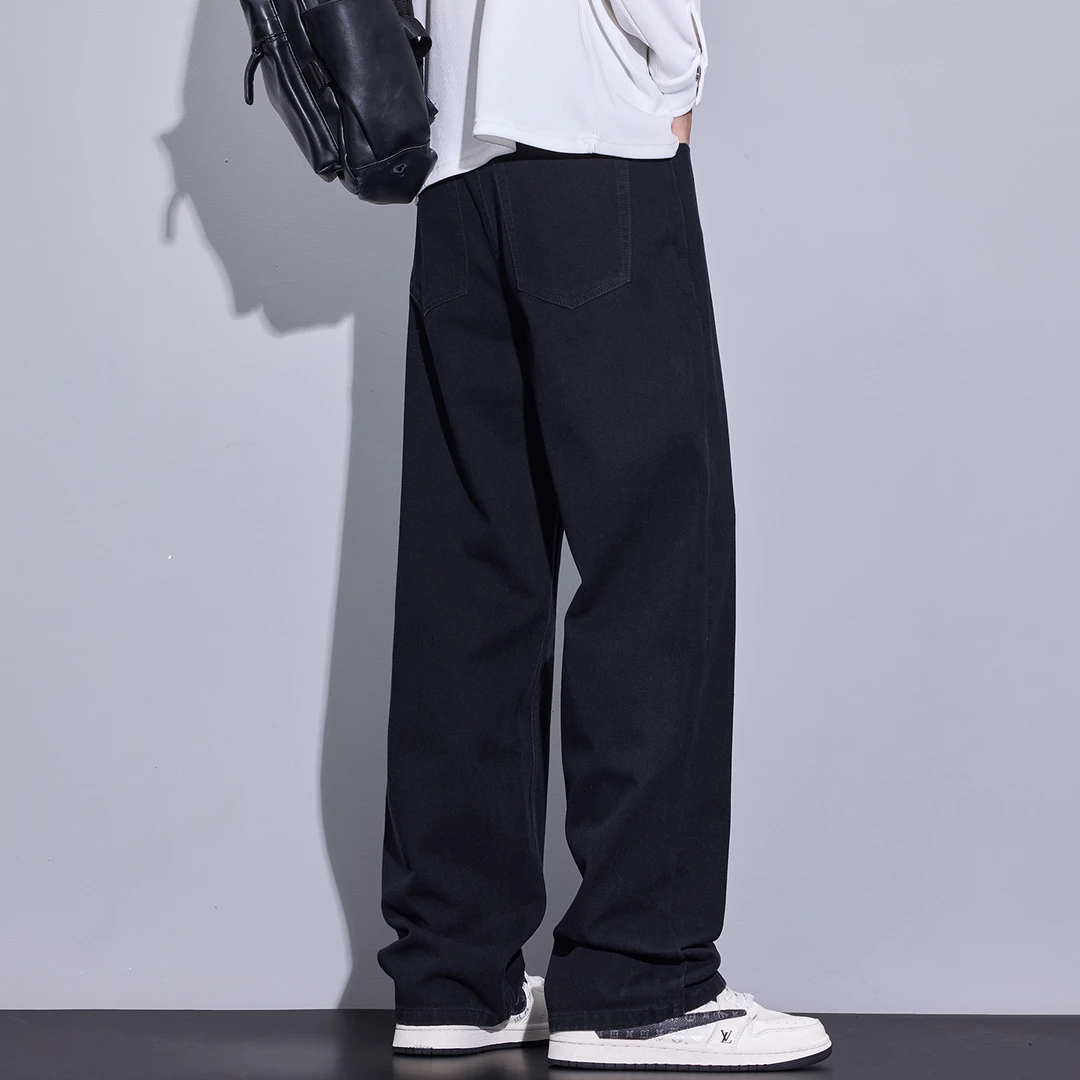 Kuvine秋季复古黑色经典简约裤子宽松直筒水洗阔腿耐磨牛仔裤男士