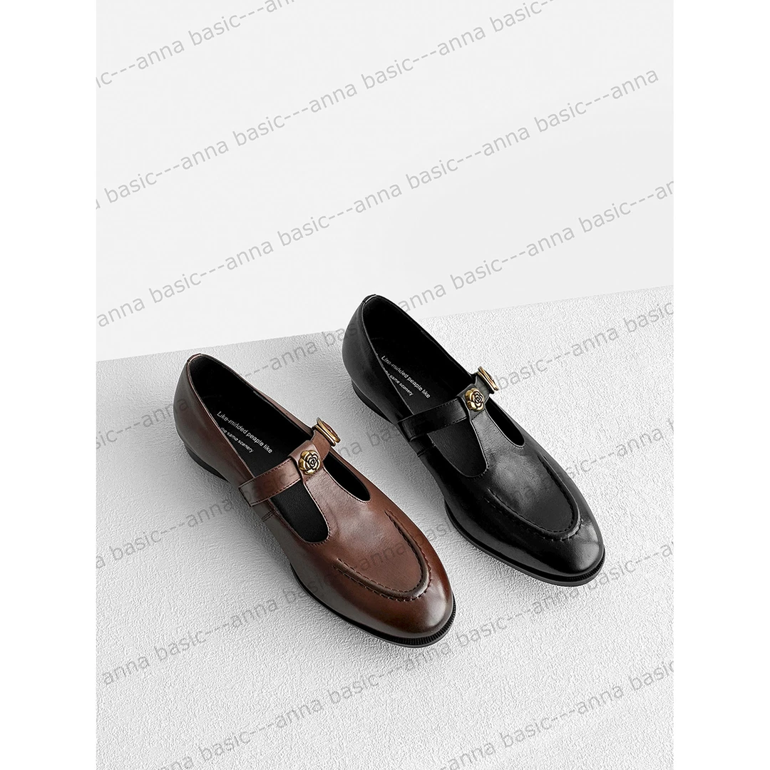 2.5cm/ED1835牛皮平跟单鞋女春秋浅口玛丽珍鞋复古粗跟33大小码41